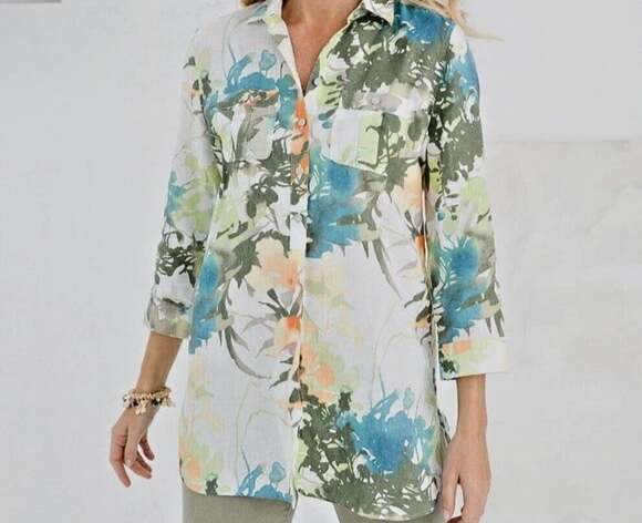 Chico's Tops - Chicos Abstract Art No-Iron Linen Button Down Shirt Blouse Top Tropical Sz 0